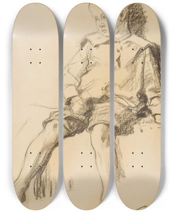 Triptych art skateboard deck of Fritz Von Uhde Sitzender Junge Mit Nackten Beinen by Fritz Von Uhde (1848-1911)