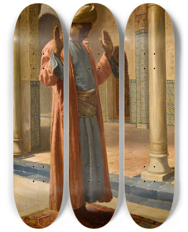 Triptych art skateboard deck of Eugne Baugnis At Prayer by Eugene Baugnies (1842-1891)