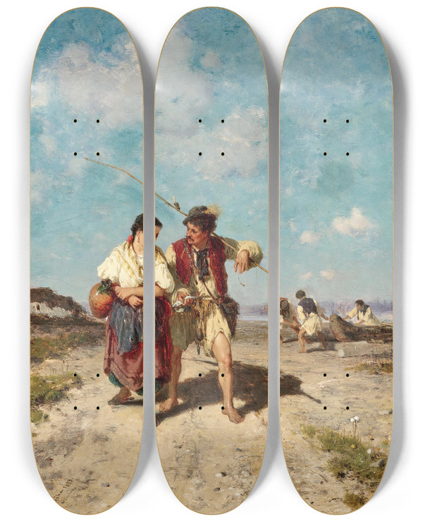 Triptych art skateboard deck of Pal Bhm Fishermen Returning Home by Pal Bohm (1839-1905)
