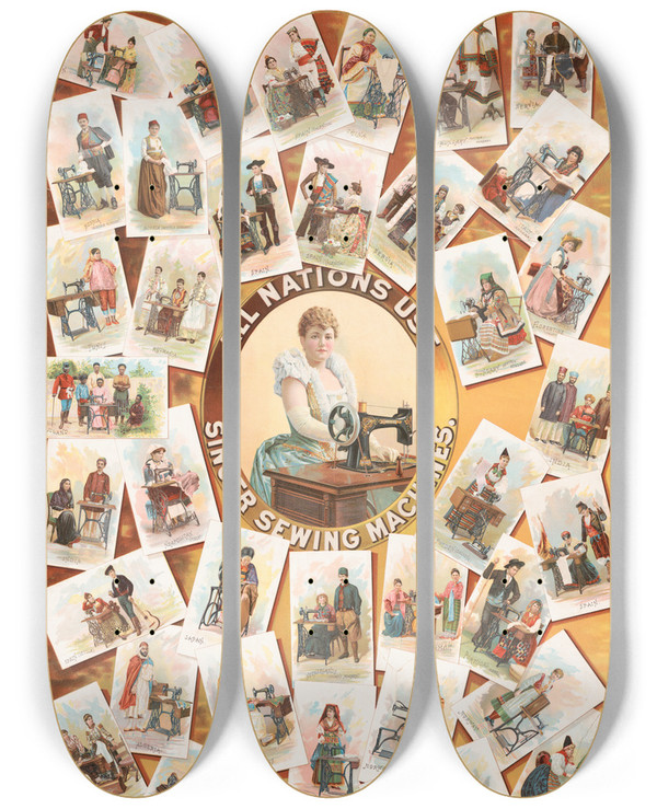 Triptych art skateboard deck of Jottmann Lith Co All Nations Use Singer Sewing Machines by J.Ottmann Lith. Co. (19-20-)