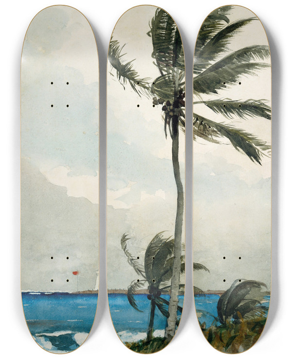 Triptych art skateboard deck of Winslow Homer Palm Tree Nassau by Winslow Homer (1836-1910)