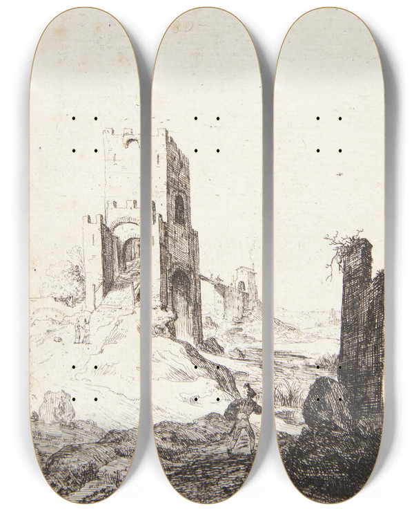 Triptych art skateboard deck of Bartholomeus Breenbergh Munk I En Grotte by Bartholomeus Breenbergh (1598-1657)