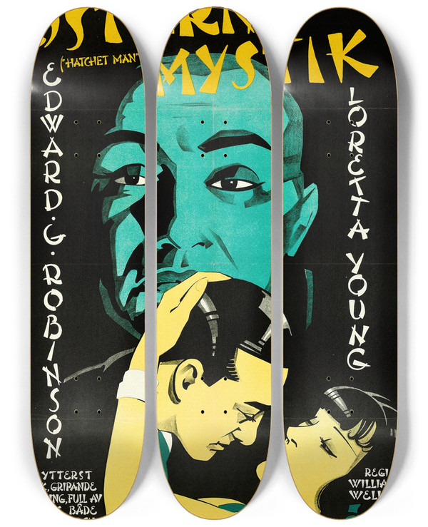 Triptych art skateboard deck of Eric Rohman The Hatchet Man by Eric Rohman (1891-1949)
