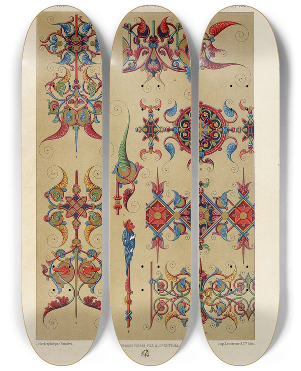 Triptych art skateboard deck of Auguste Racinet Moyen Age 6 by Auguste Racinet (1825-1893)