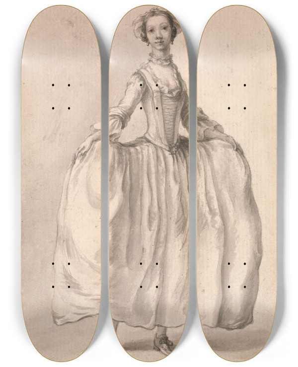 Triptych art skateboard deck of Francis Hayman Standing Figure Of A Lady by Francis Hayman (1708-1776)