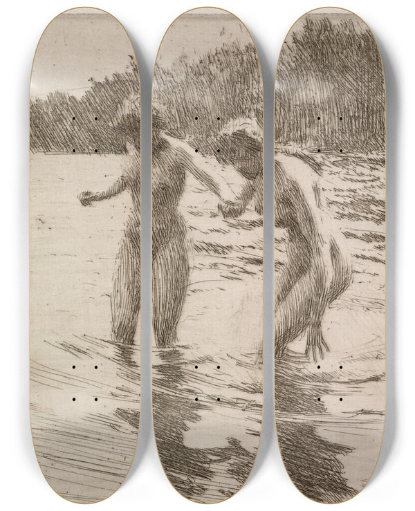 Triptych art skateboard deck of Anders Zorn Two Bathers by Anders Zorn (1860-1920)