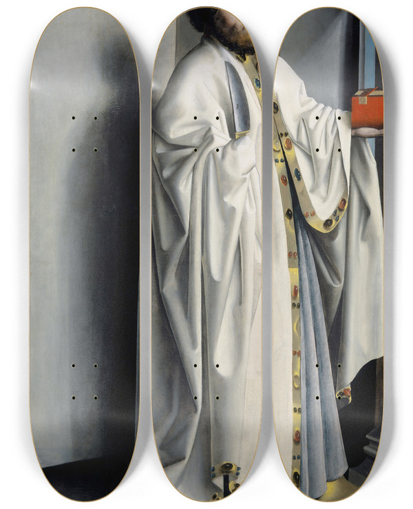Triptych art skateboard deck of Konrad Witz Saint Bartholomew by Konrad Witz (1410-1446)