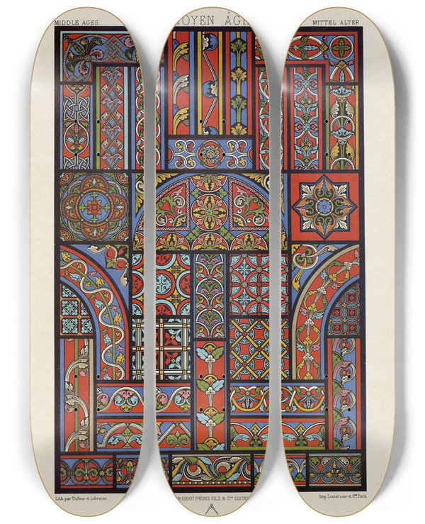 Triptych art skateboard deck of Auguste Racinet Moyen Age 8 by Auguste Racinet (1825-1893)