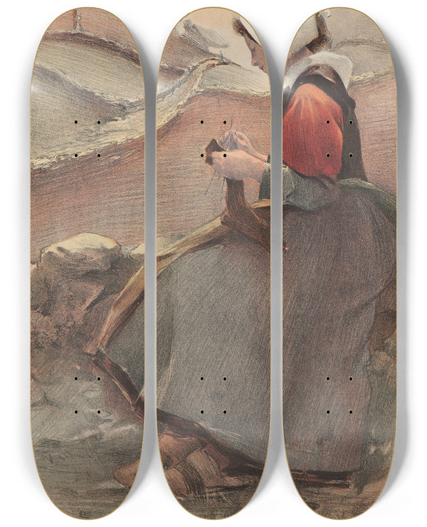Triptych art skateboard deck of Jacques Wly Fleur De Lande by Jacques Wely (1873-1910)