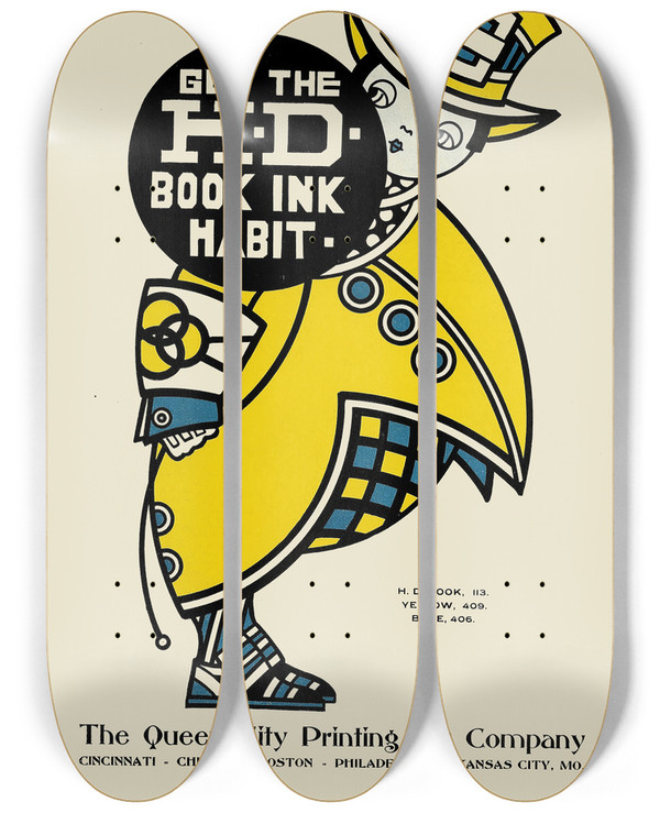 Triptych art skateboard deck of Augustus Jansson Queen City Ink Ad 14 by Augustus Jansson (1863-1931)