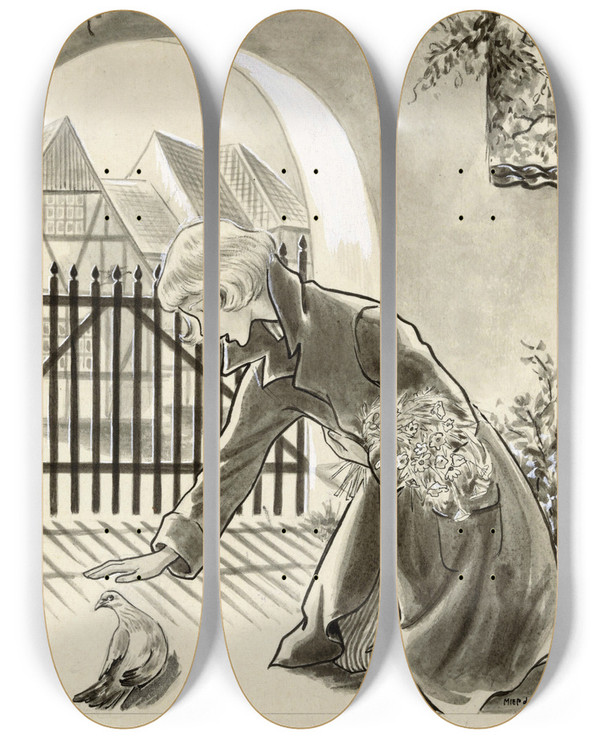 Triptych art skateboard deck of Miep De Feijter Knielend Meisje Bij Een Duif by Miep de Feijter (20-)