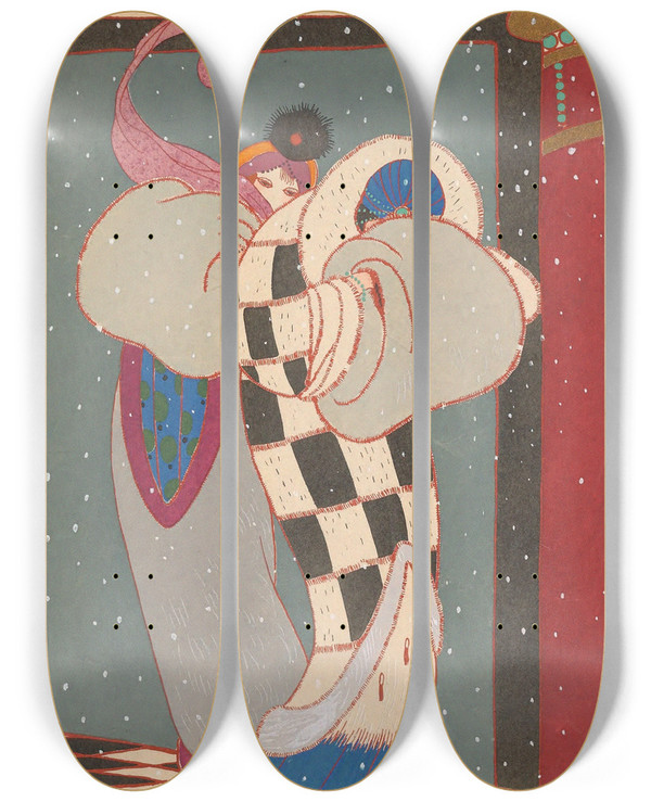 Triptych art skateboard deck of Charles Martin La Neige by Charles Martin (1884-1934)