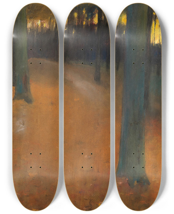 Triptych art skateboard deck of Lesser Ury Waldlandschaft Im Abendlicht by Lesser Ury (1861-1931)