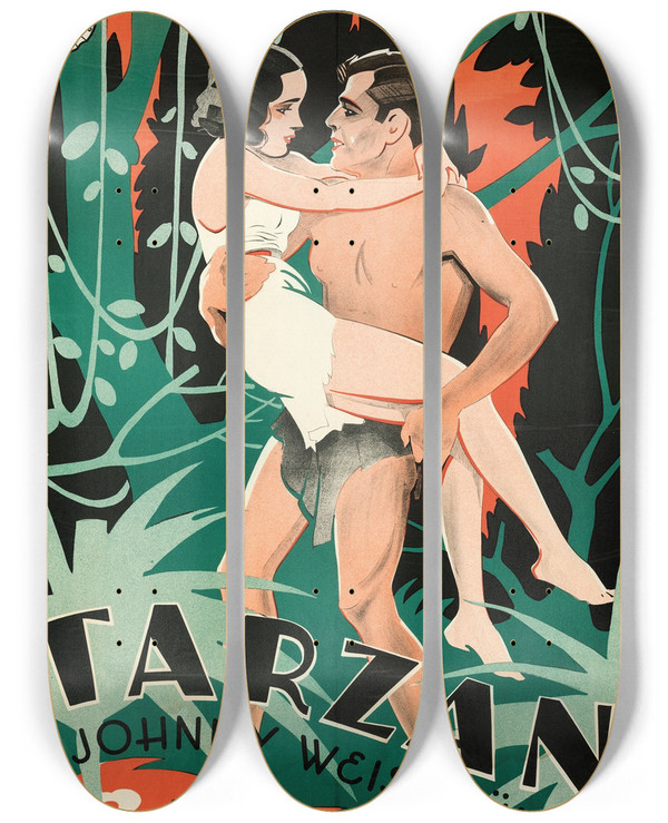 Triptych art skateboard deck of Eric Rohman Tarzan The Ape Man by Eric Rohman (1891-1949)