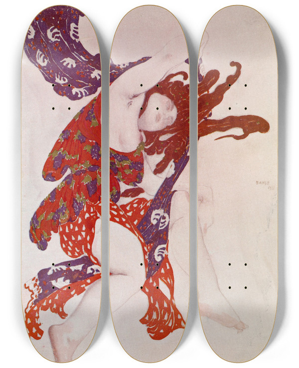 Triptych art skateboard deck of Lon Bakst Premire Bacchante De Narcisse by Leon Bakst (1866-1924)