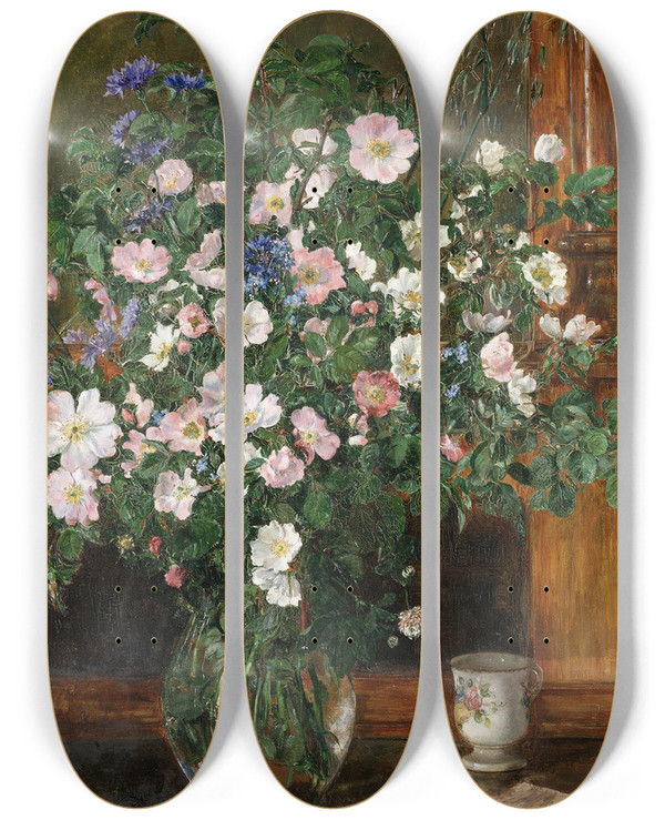 Triptych art skateboard deck of Anna Munthenorstedt Wild Briar Roses by Anna Munthe Norstedt (1854-1936)