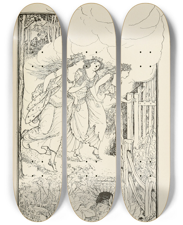 Triptych art skateboard deck of Henry Justice Ford How The Three Princesses Were Lost by Henry Justice Ford (1860-1941)