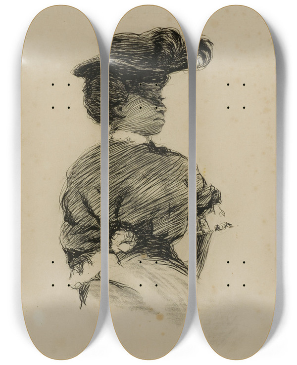 Triptych art skateboard deck of Charles Dana Gibson Welldressed Woman by Charles Dana Gibson (1867-1944)
