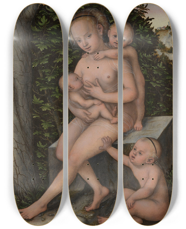 Triptych art skateboard deck of Lucas Cranach The Elder Charity by Lucas Cranach The Elder (1472-1553)