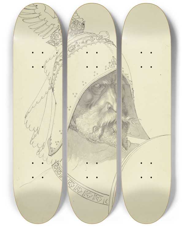 Triptych art skateboard deck of Ferdinand Fellner Hagen From Tronje by Ferdinand Fellner (1799-1859)