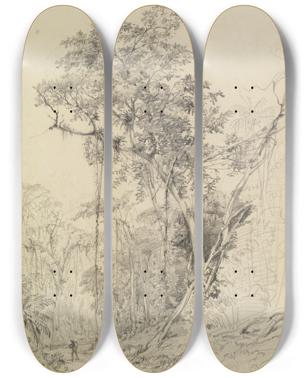Triptych art skateboard deck of Ferdinand Keller Baumstudie Mit Weg Und Staffage Im Urwald by Ferdinand Keller (1842-1922)
