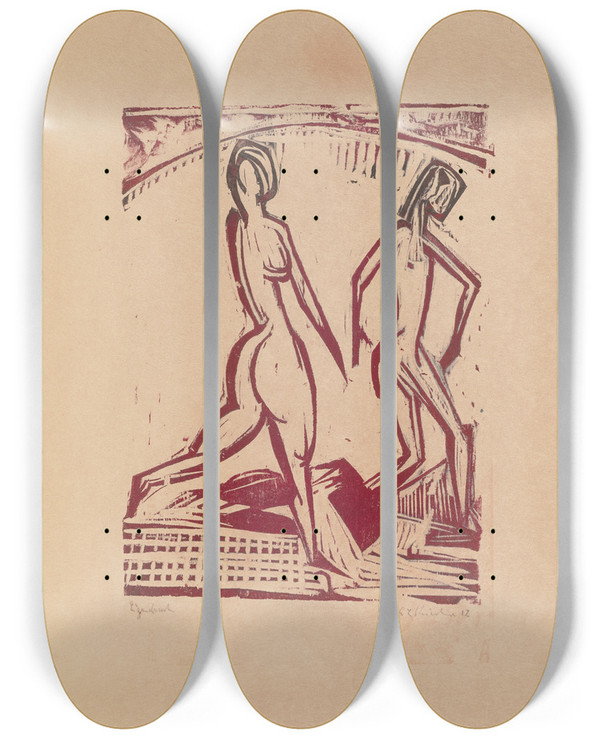 Triptych art skateboard deck of Ernst Ludwig Kirchner Two Girls Bathing by Ernst Ludwig Kirchner (1880-1938)