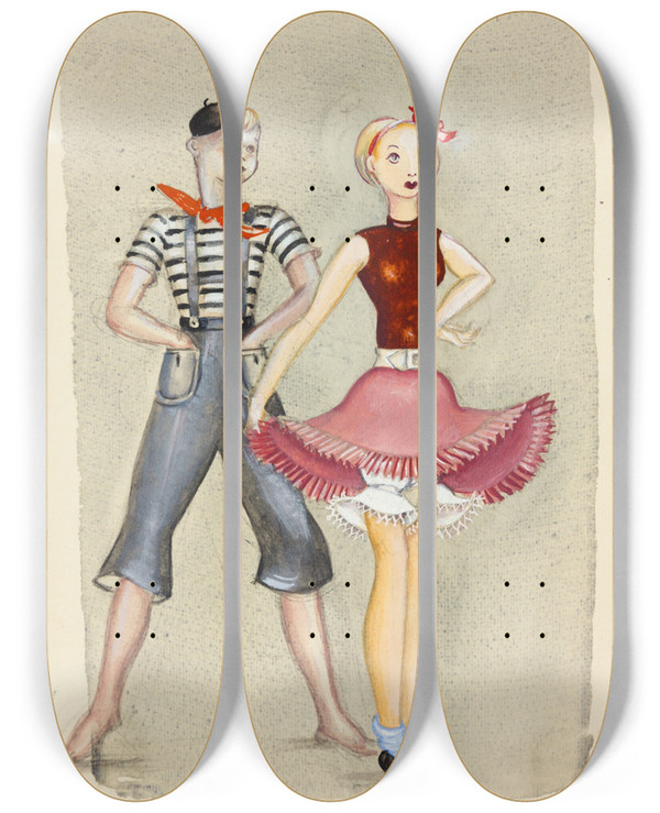 Triptych art skateboard deck of Karin Luts Niaring Kostmikavand Tnavapoisile Ja Tdrukule 2 by Karin Luts (1904-1993)