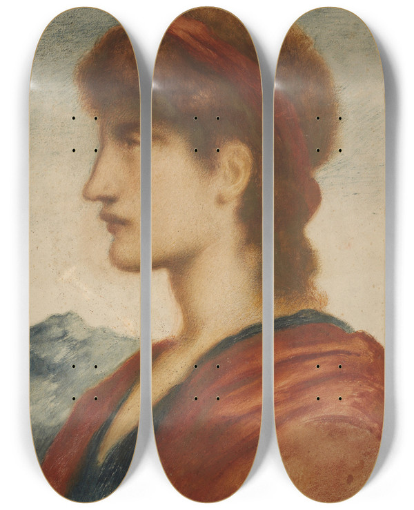 Triptych art skateboard deck of Simeon Solomon Head by Simeon Solomon (1840-1905)