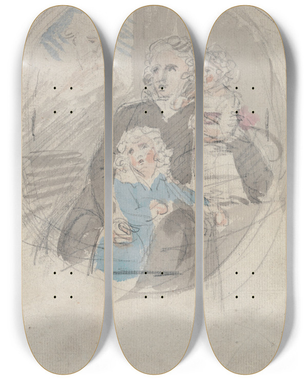 Triptych art skateboard deck of Samuel Shelley Study For A Portrait Group by Samuel Shelley (1750-1808)