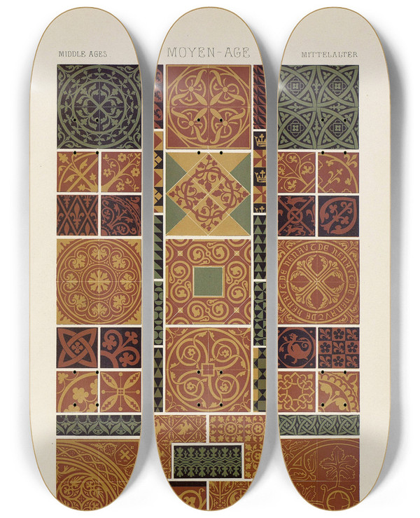 Triptych art skateboard deck of Auguste Racinet Moyen Age 10 by Auguste Racinet (1825-1893)