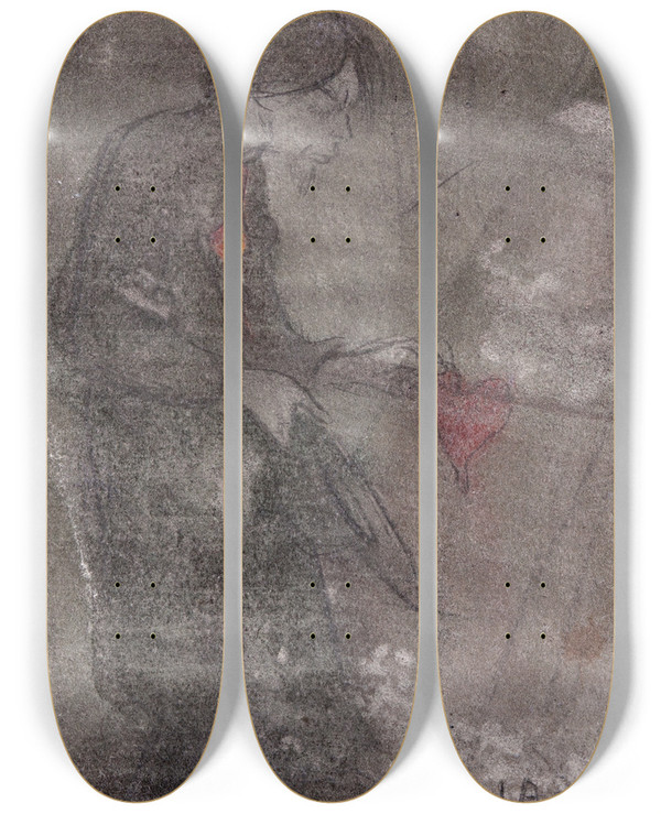 Triptych art skateboard deck of Ivar Arosenius Self Portrait With A Heart In His Hand by Ivar Arosenius (1878-1909)