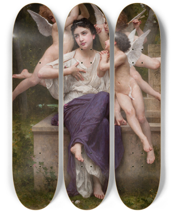 Triptych art skateboard deck of William Bouguereau Dream Of Spring Rve De Printemps by William Bouguereau (1825-1905)