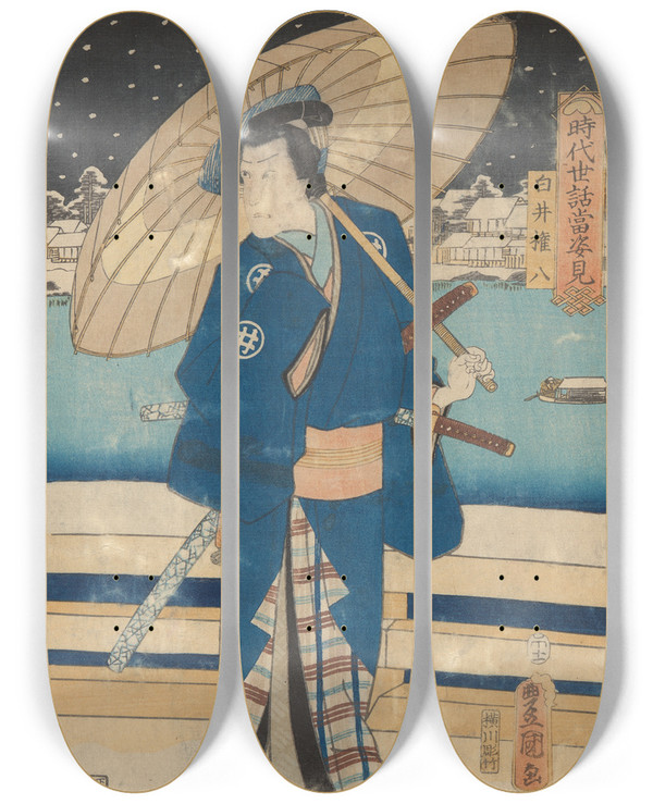 Triptych art skateboard deck of Toyokuni Utagawa Actor Snow Scene by Toyokuni Utagawa (1769-1825)