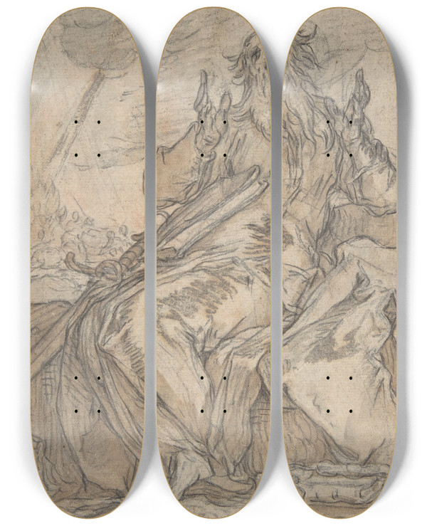 Triptych art skateboard deck of Abraham Bloemaert Saint Paul Seated With His Conversion In The Background by Abraham Bloemaert (1564-1651)