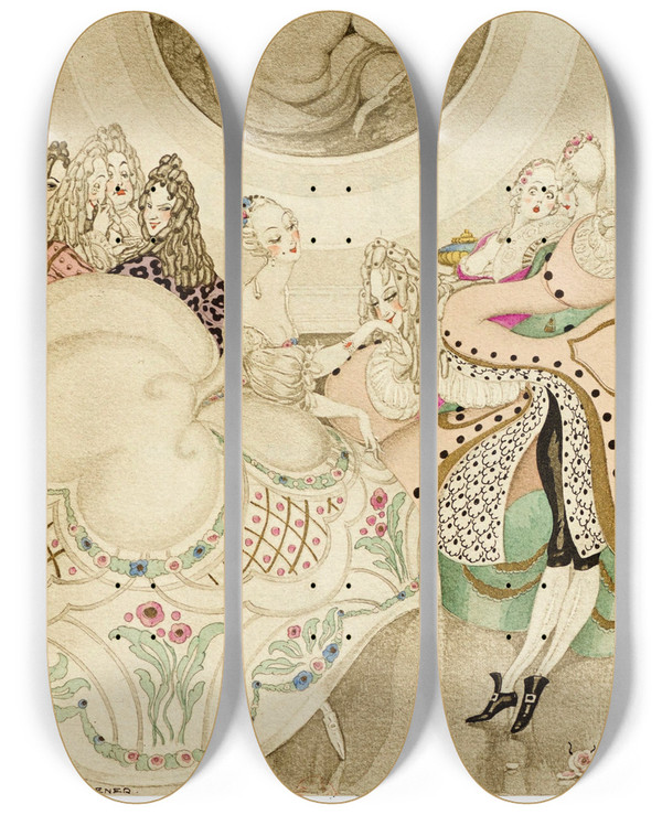 Triptych art skateboard deck of Gerda Wegener Sur Talons Rouges Pl 01 by Gerda Wegener (1886-1940)