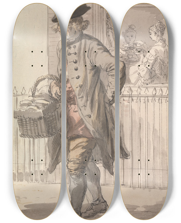 Triptych art skateboard deck of Paul Sandby London Cries A Muffin Man by Paul Sandby (1731-1809)