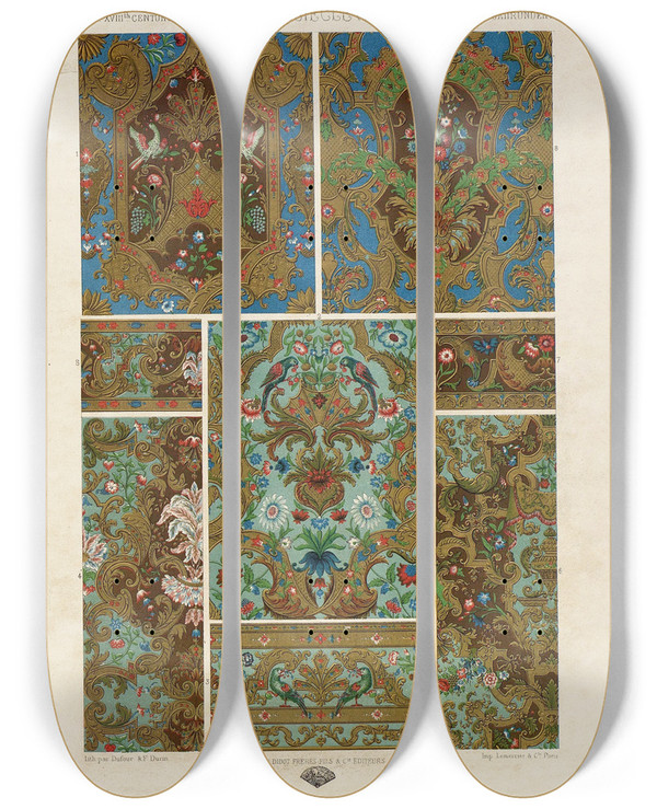 Triptych art skateboard deck of Auguste Racinet Xvii Et Xviii Siecle by Auguste Racinet (1825-1893)