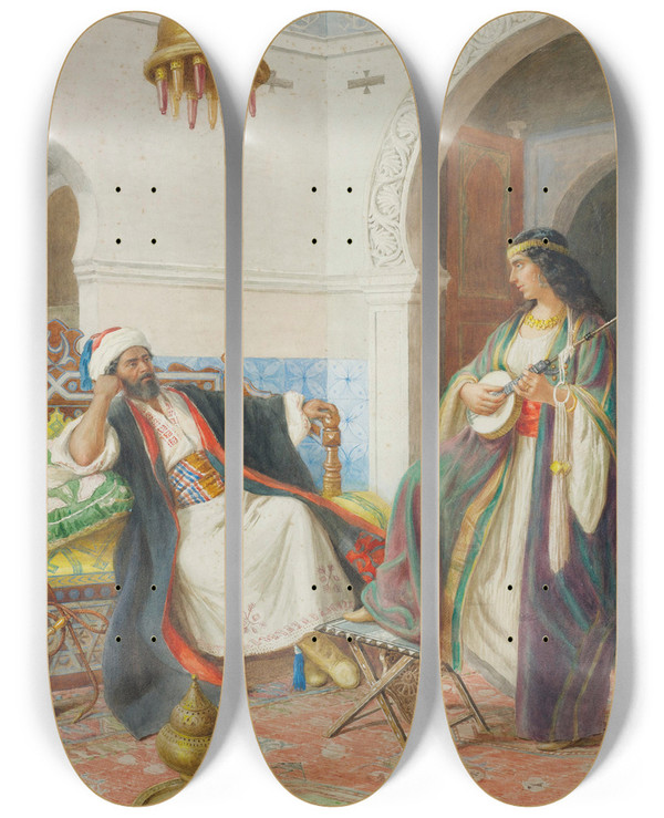 Triptych art skateboard deck of Achille Buzzi In The Harem by Achille Buzzi (19-)