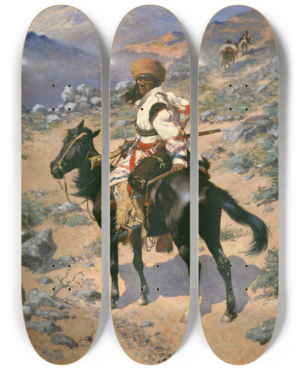 Triptych art skateboard deck of Frederic Remington An Indian Trapper by Frederic Remington (1861-1909)