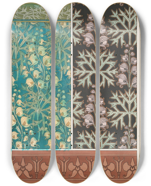 Triptych art skateboard deck of Maurice Pillard Verneuil Aconit 2 by Maurice Pillard Verneuil (1869-1942)