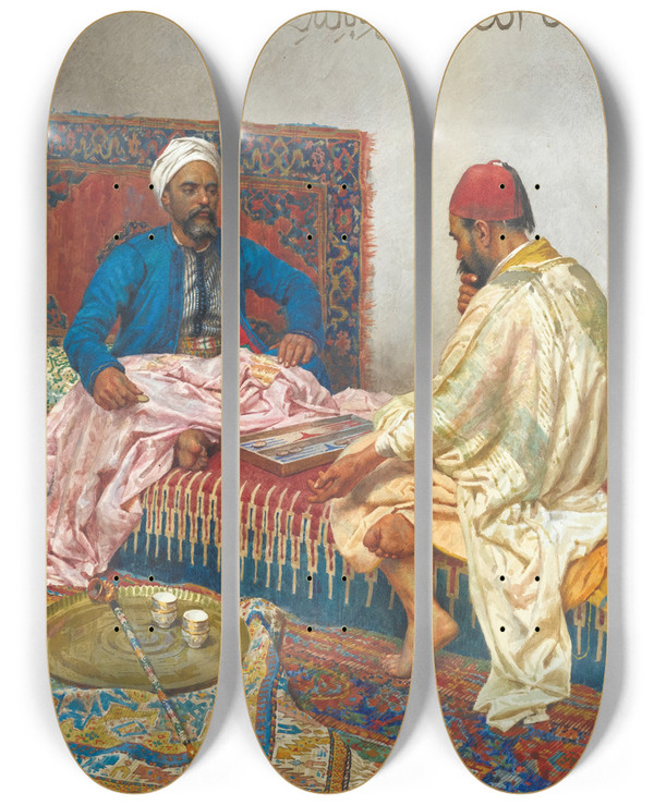 Triptych art skateboard deck of Giulio Rosati The Backgammon Players by Giulio Rosati (1858-1917)