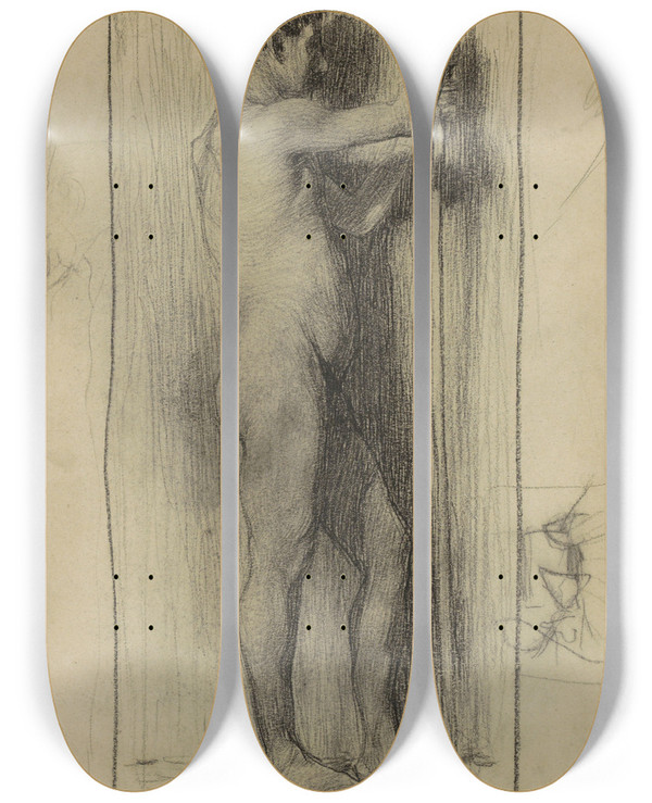 Triptych art skateboard deck of Marius Bauer Staande Naakte Man 2 by Marius Bauer (1867-1932)