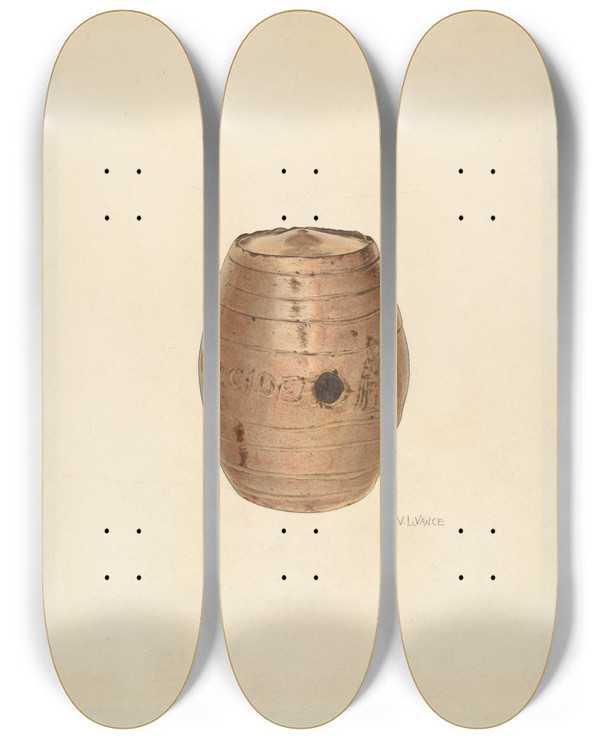 Triptych art skateboard deck of Vl Vance Stoneware Flask by V.L. Vance