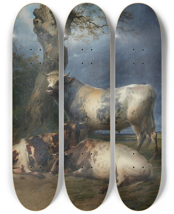 Triptych art skateboard deck of Thomas Sidney Cooper Repose by Thomas Sidney Cooper (1803-1902)