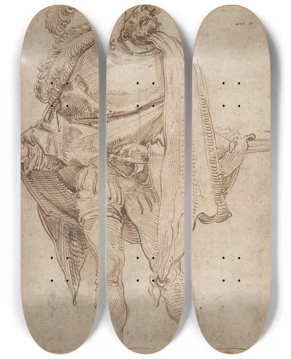 Triptych art skateboard deck of Hans Leonhard Schufelein Landsknecht by Hans Leonhard Schaufelein (1480-1540)