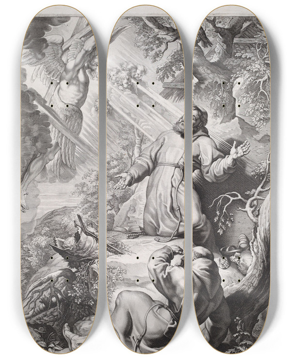 Triptych art skateboard deck of Lucas Emil Vorsterman Saint Francis Receiving The Stigmata by Lucas Emil Vorsterman (1595-1675)
