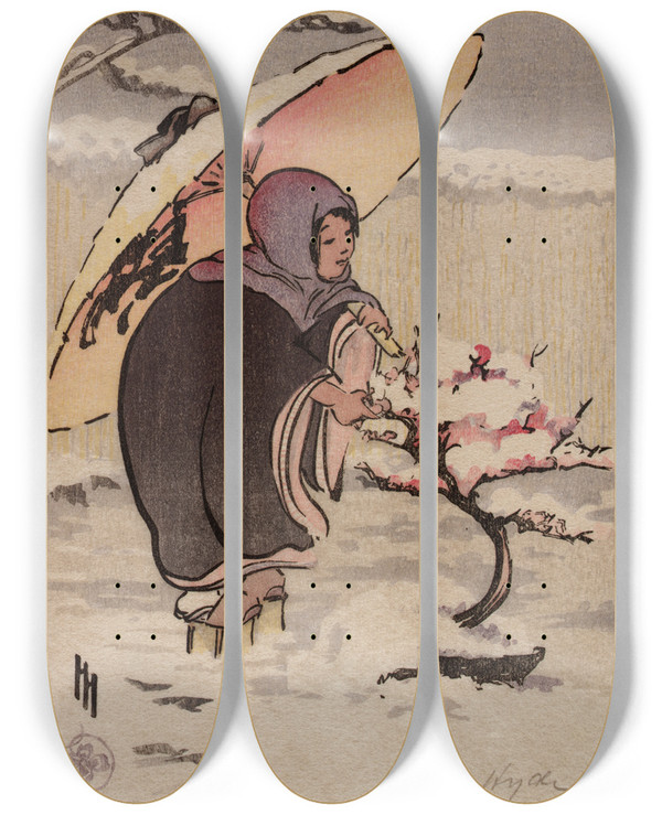 Triptych art skateboard deck of Helen Hyde Little Pink Plum by Helen Hyde (1868-1919)