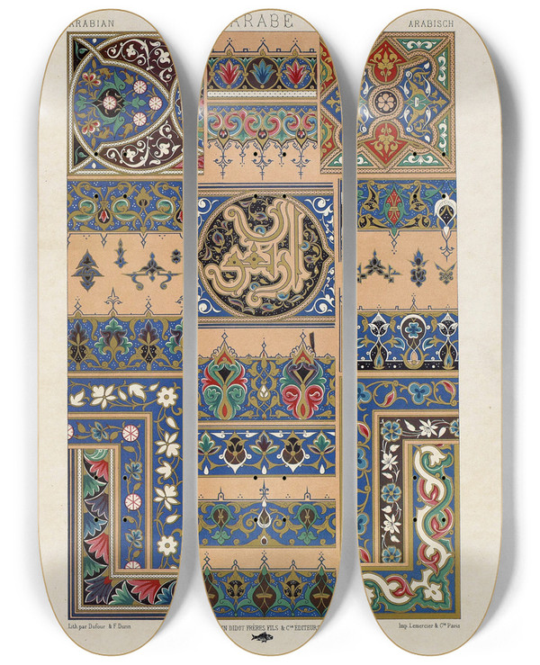 Triptych art skateboard deck of Auguste Racinet Arabe 3 by Auguste Racinet (1825-1893)