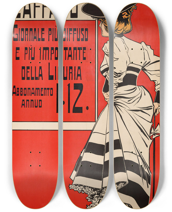 Triptych art skateboard deck of Aleardo Villa Caffaro Giornale Piu Diffuso E Importante Della Liguria by Aleardo Villa (1865-1906)