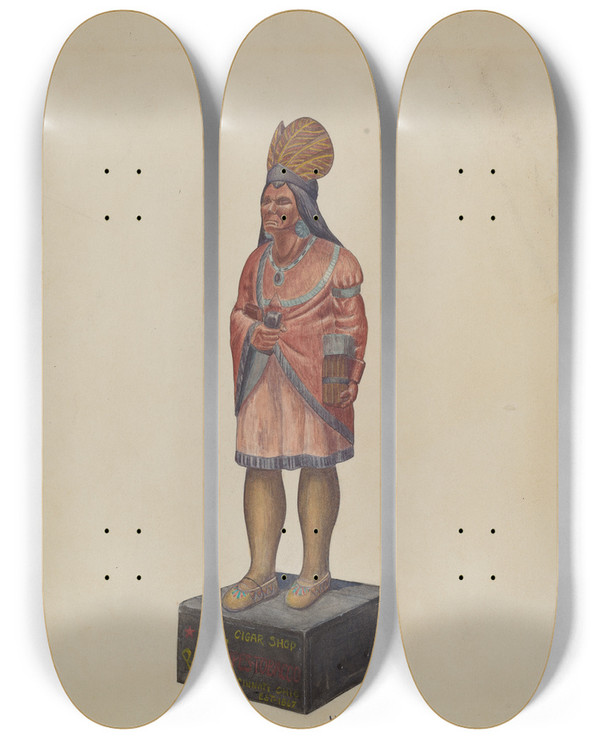 Triptych art skateboard deck of Nh Yeckley Cigar Store Indian by N.H. Yeckley